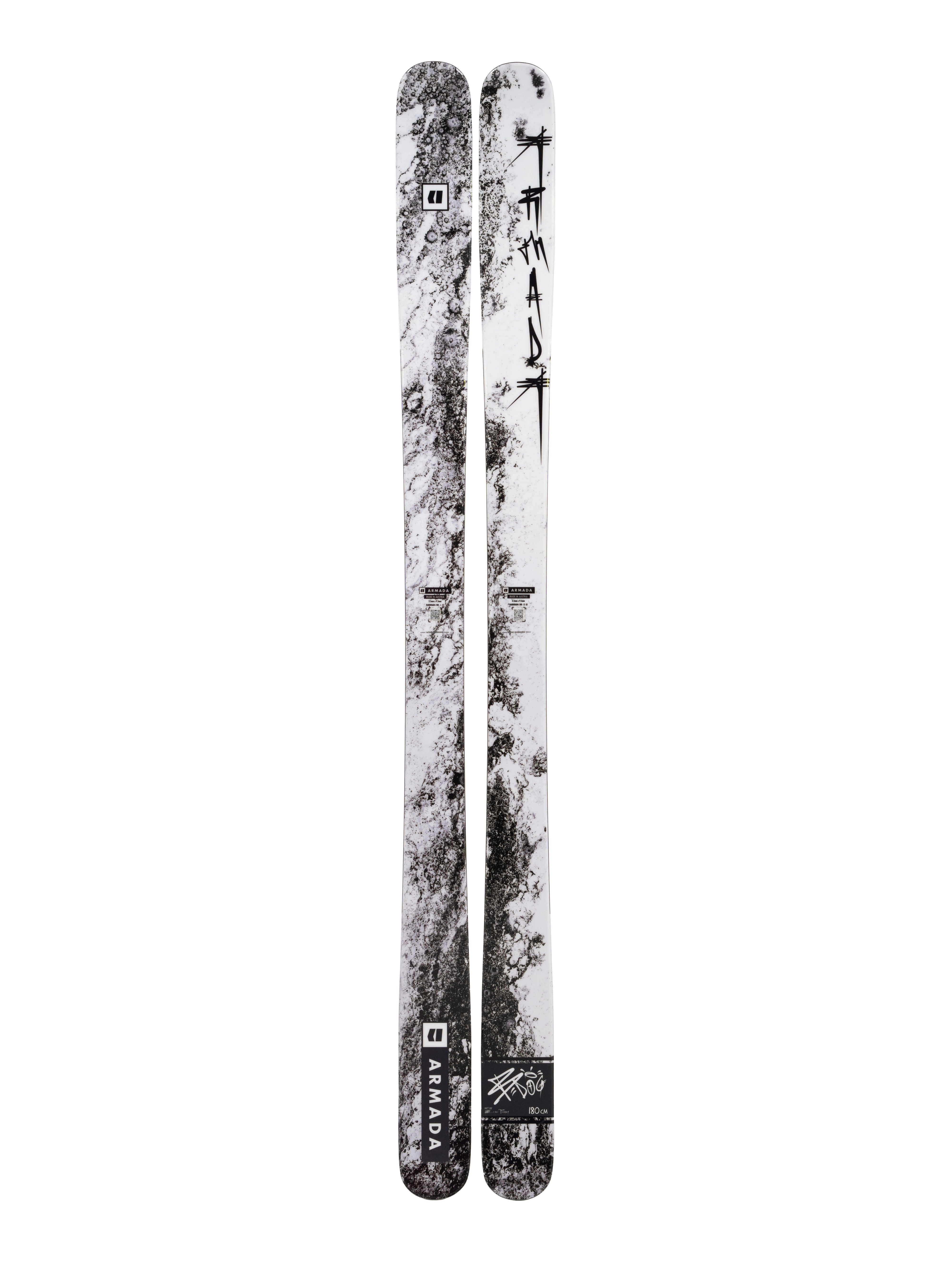 Armada BDOG Skis 2025 - White skis with black marbled pattern and distinctive "BDog" logo on top.
