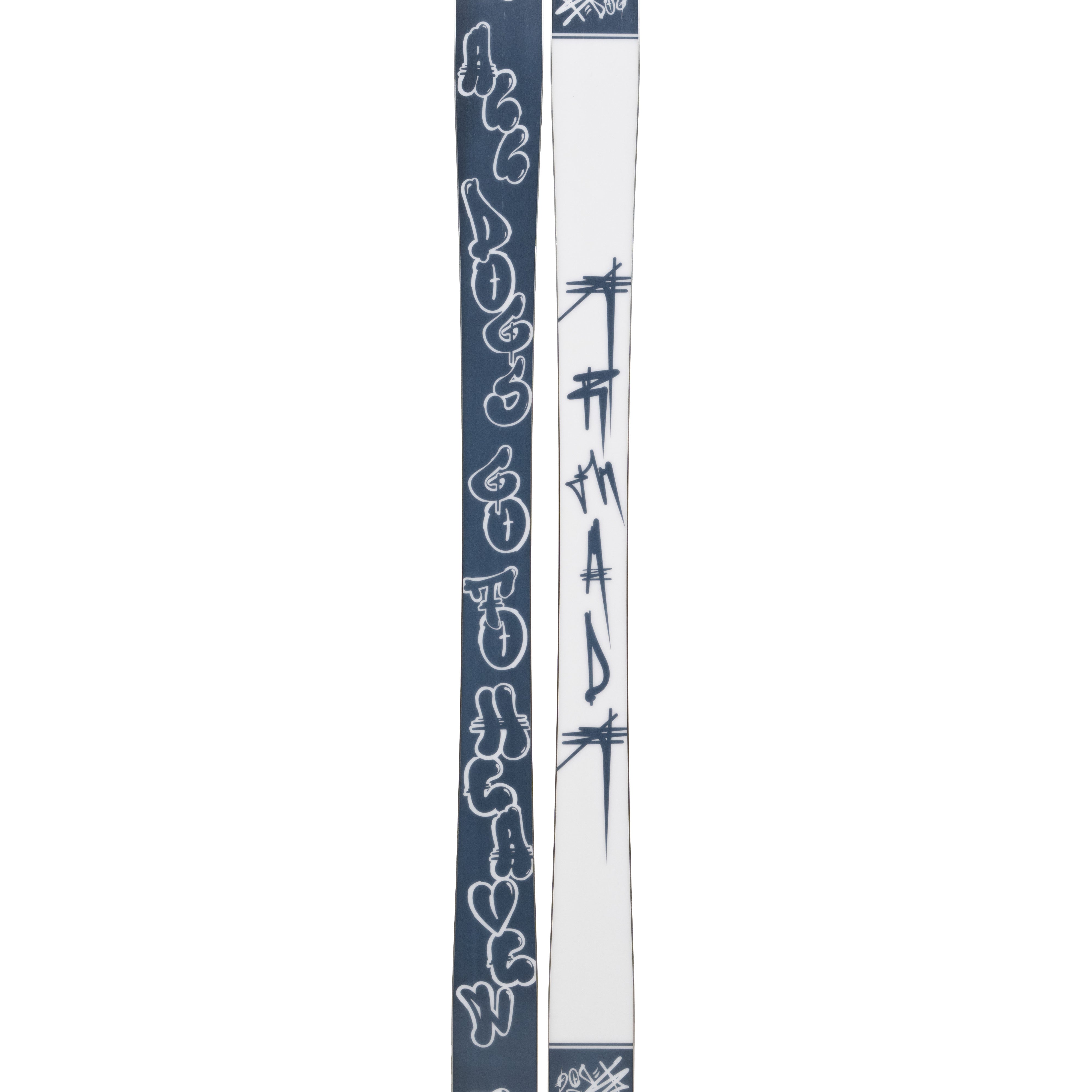 Armada BDOG Skis 2025 - White skis with a black and white graffiti-style design featuring a dog's head, paw print, and "BDog" written in bubble letters.