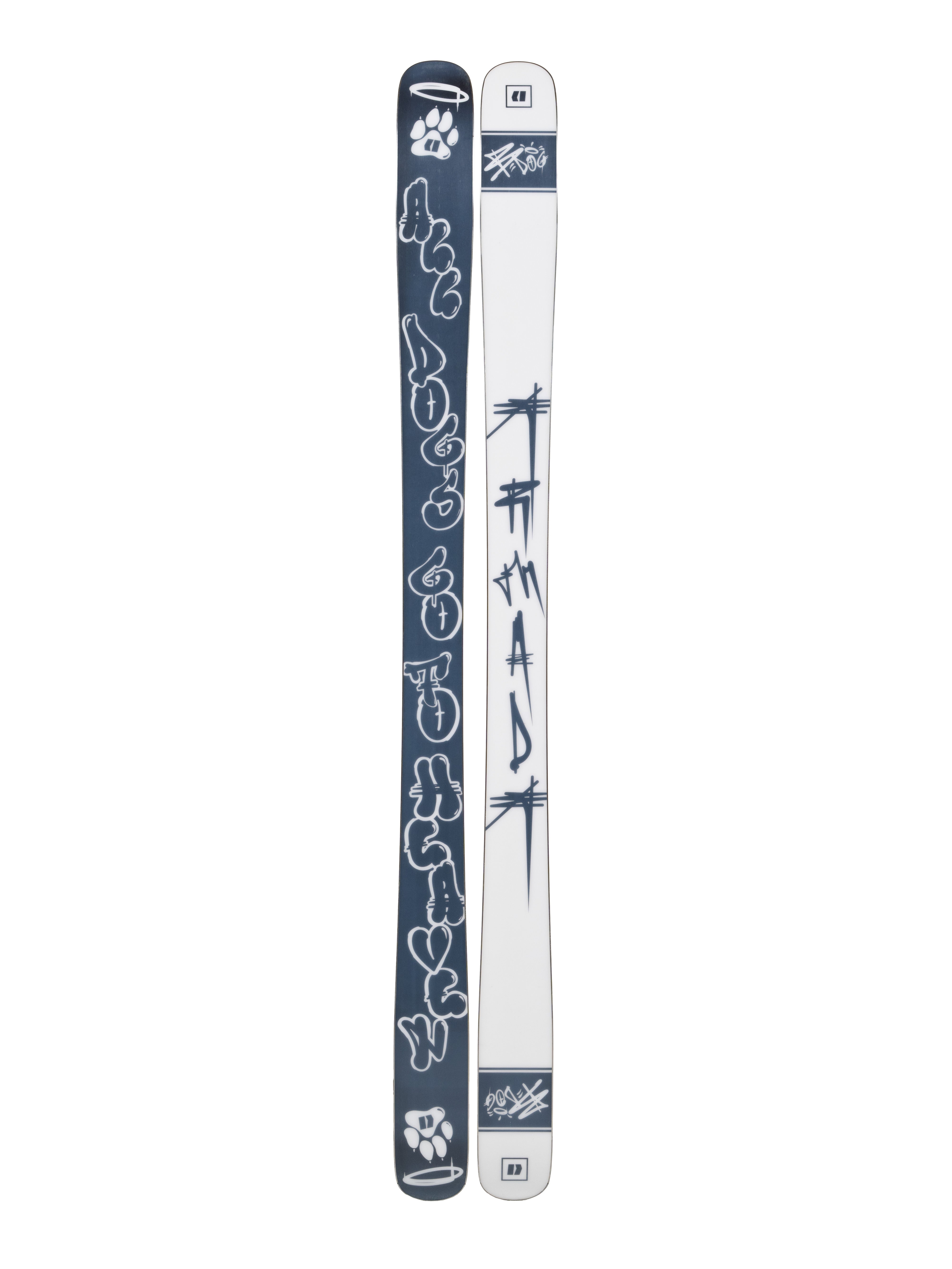 Armada BDOG Skis 2025 - White skis with a black and white graffiti-style design featuring a dog's head, paw print, and "BDog" written in bubble letters.