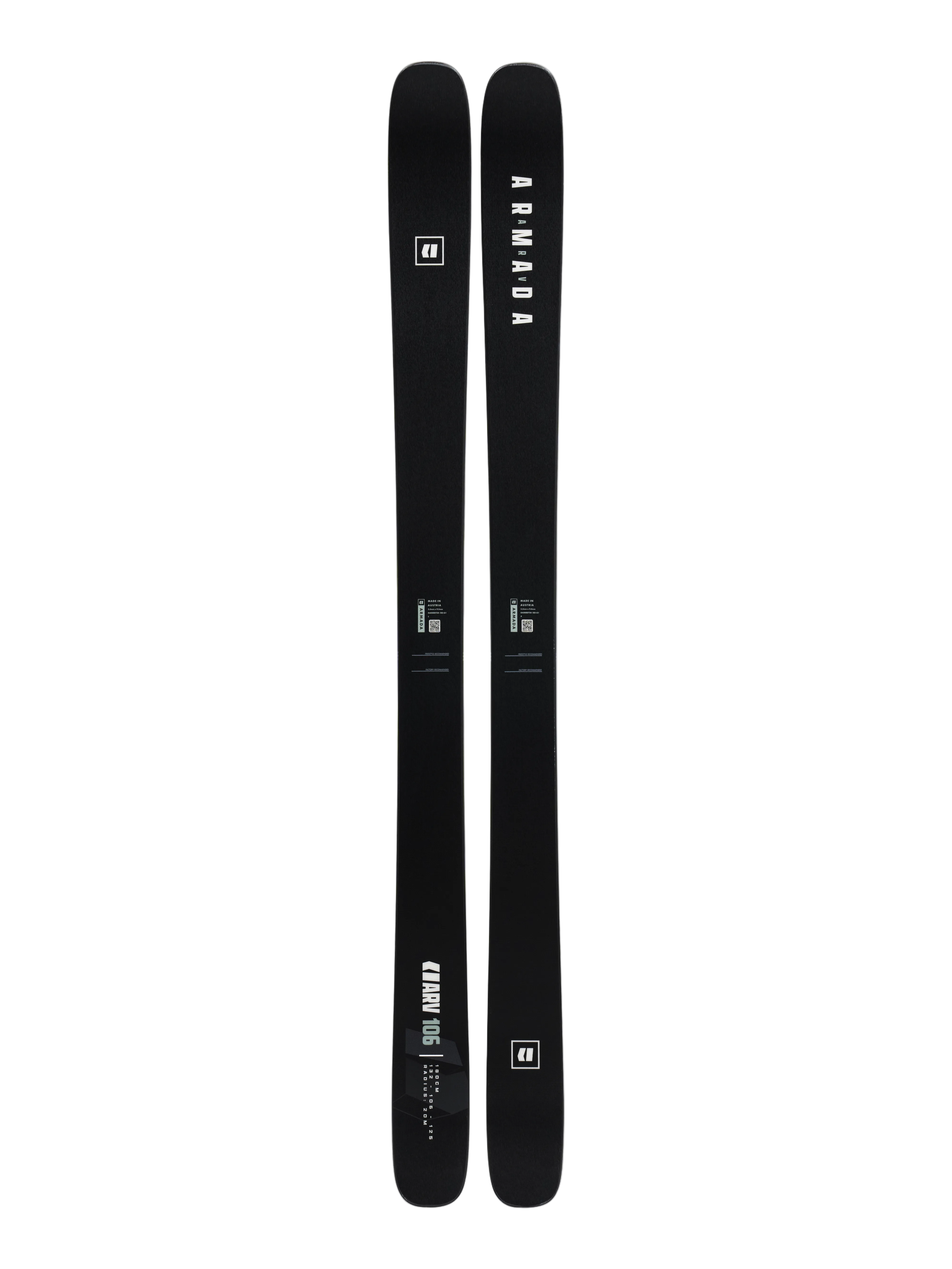 Pair of black skis with white branding on top and side