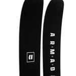 Pair of black skis showing Armada ARV 106 side lettering and logo