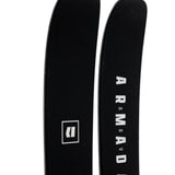 Pair of black skis showing Armada ARV 106 side lettering and logo