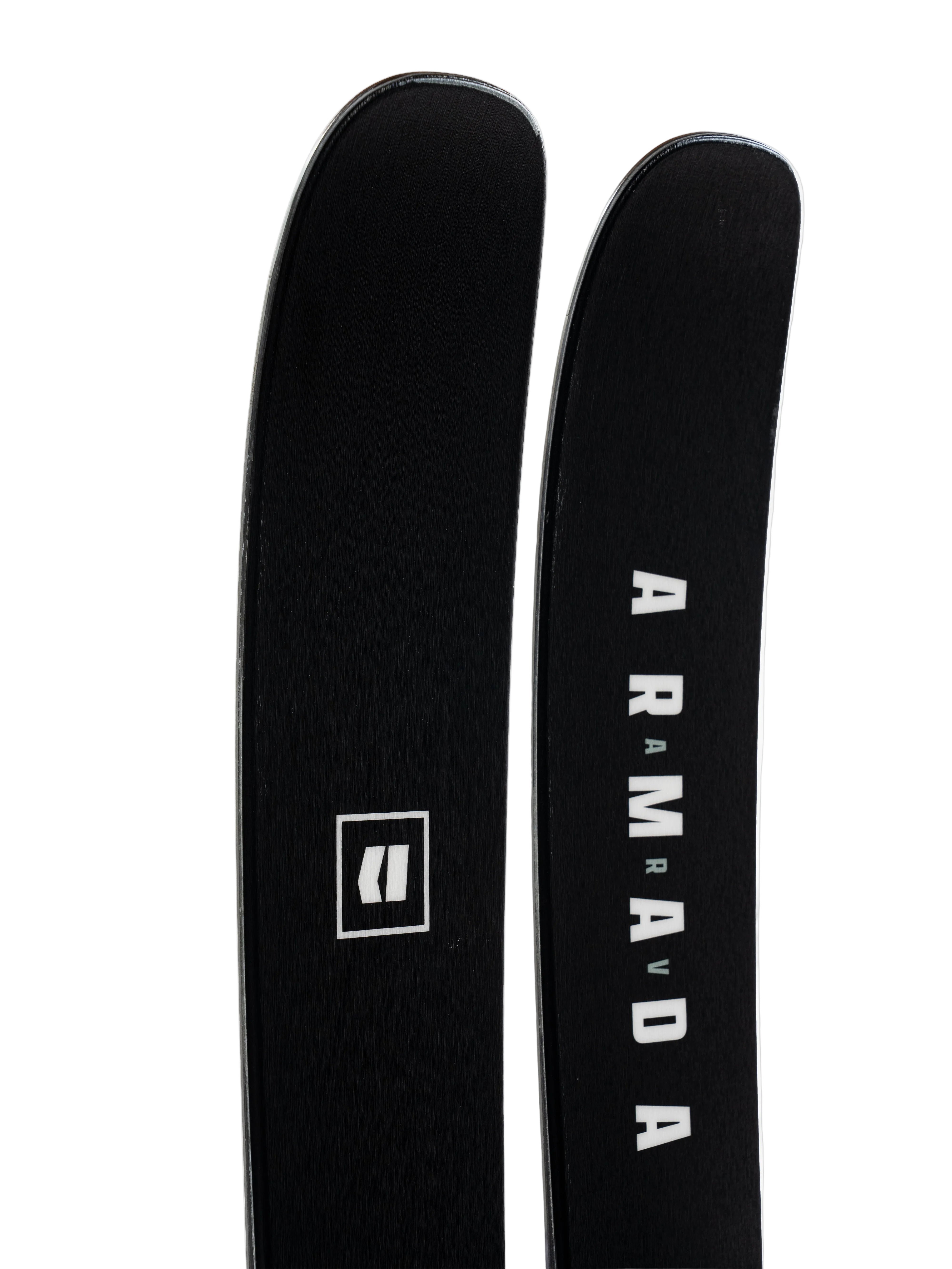 Pair of black skis showing Armada ARV 106 side lettering and logo