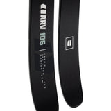 Pair of black skis with ARV 106 graphic and measurement text