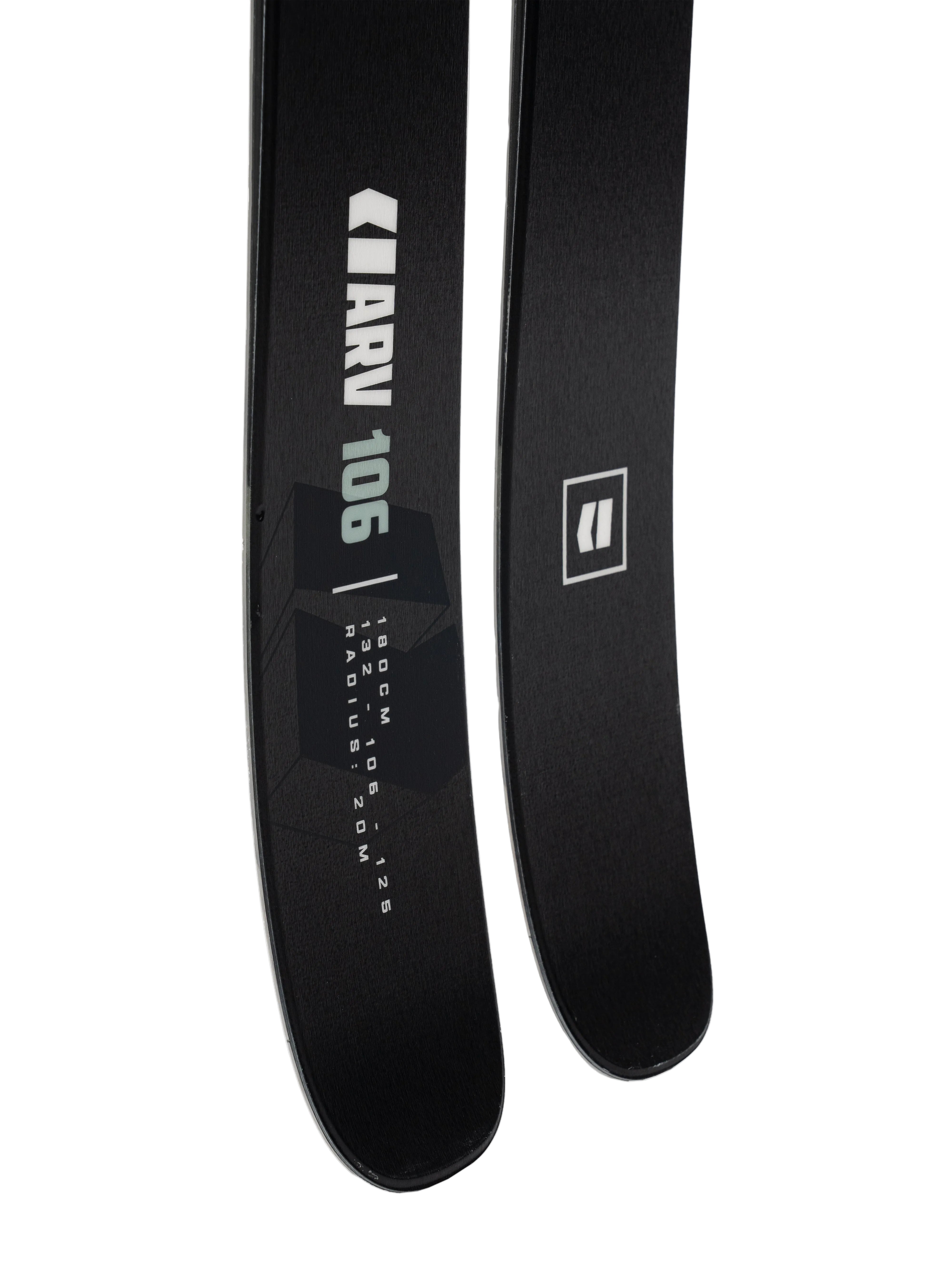 Pair of black skis with ARV 106 graphic and measurement text