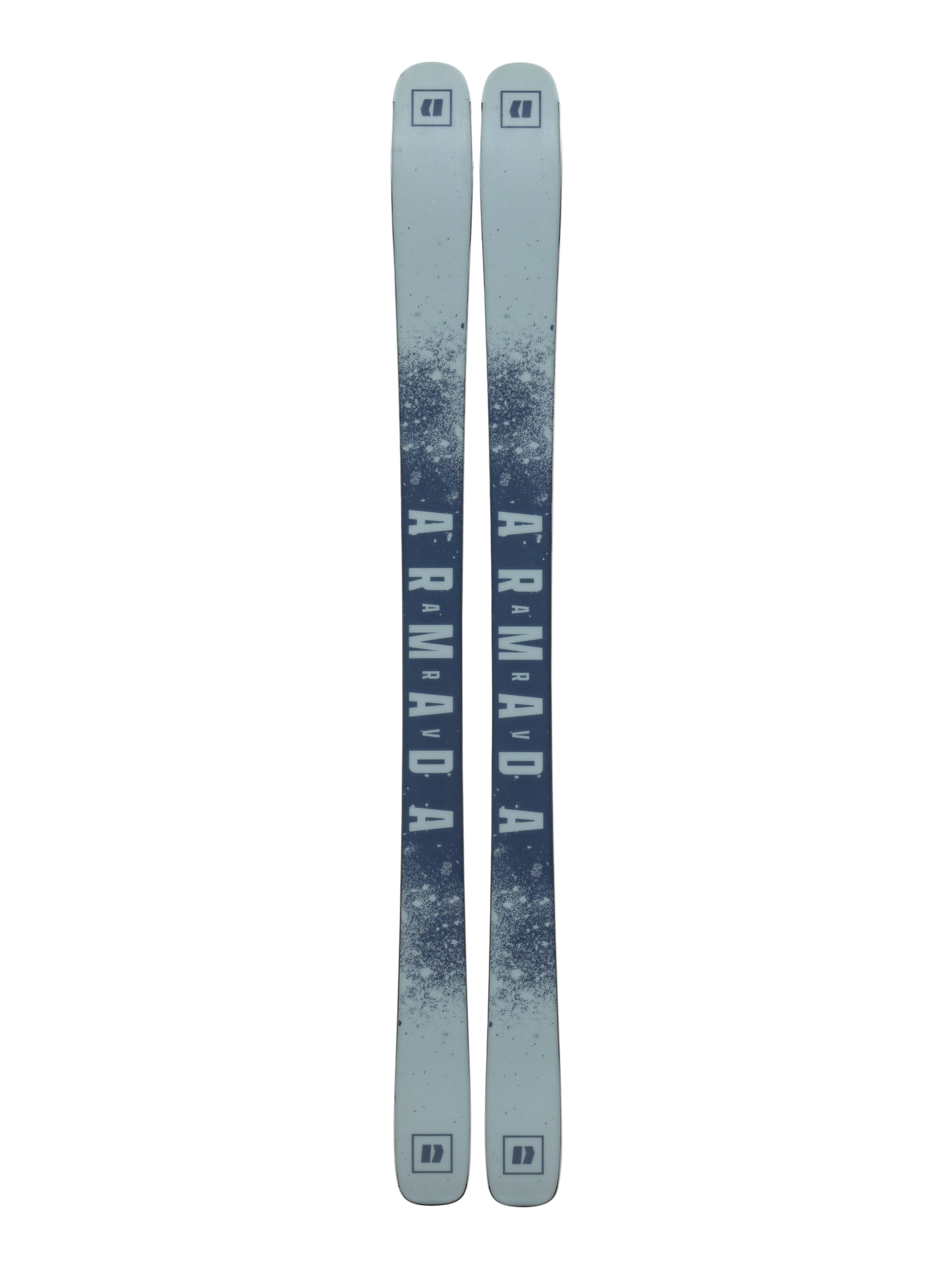 Light blue skis with Armada ARV 88 text and speckled pattern on topsheets