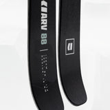 Black skis close-up with Armada ARV 88 branding and markings