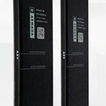 Black skis underside close-up with made in Bulgaria label and barcode
