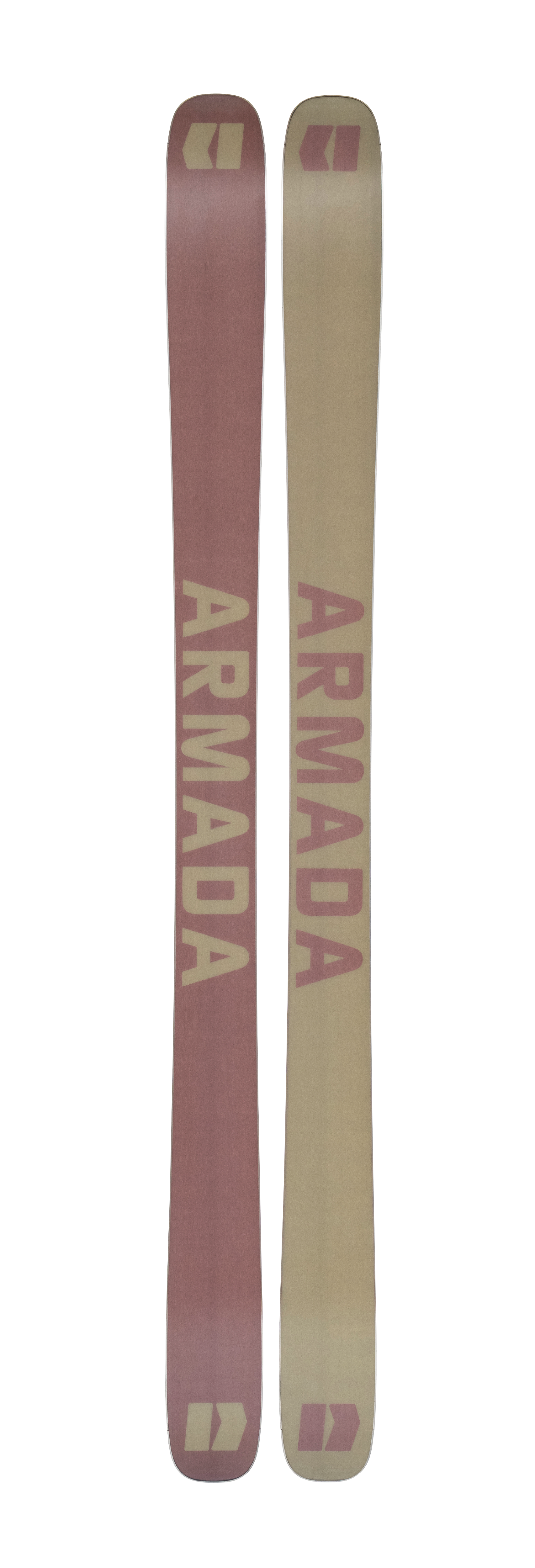 Two Armada ARV skis in clay tan showing ARV and Armada graphics