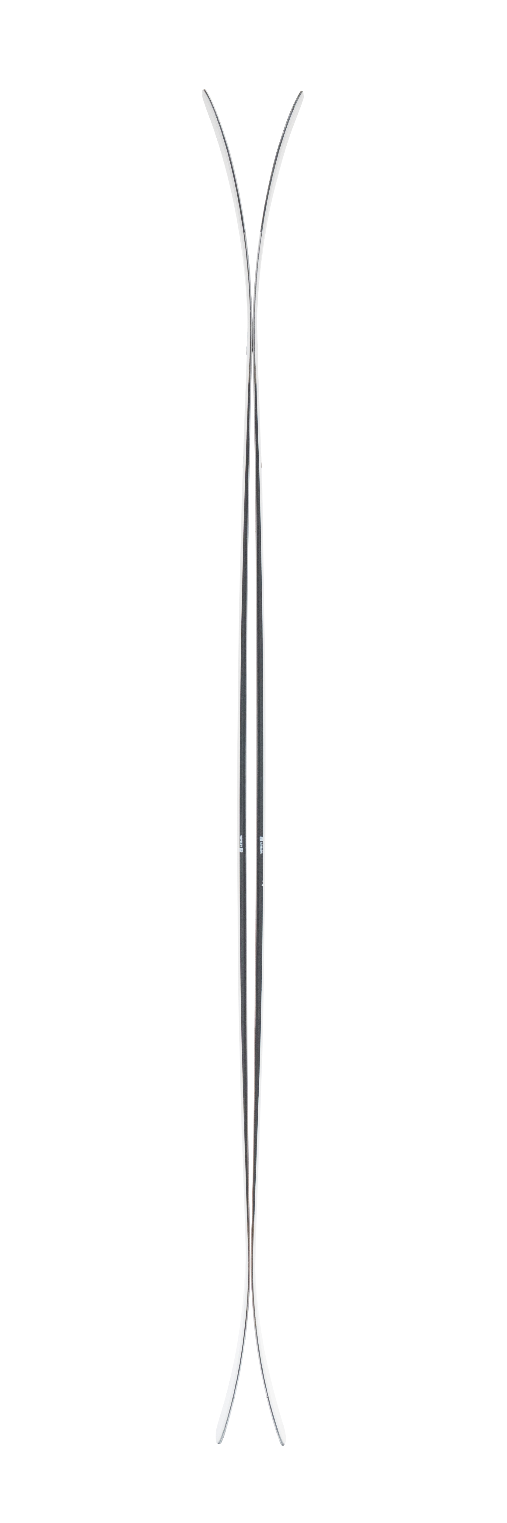 Cream alpine ski pair, front and side profiles with bindings