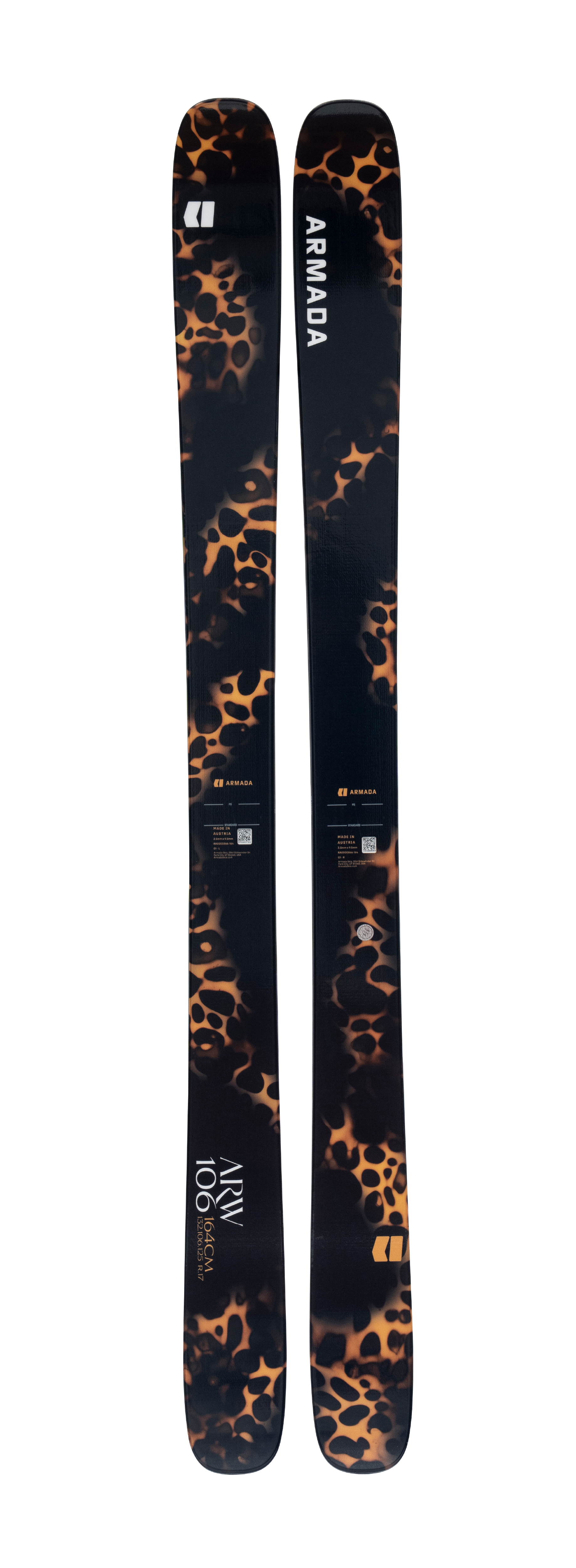 Armada ARW 106 women's skis, black and orange leopard-pattern tops and side markings