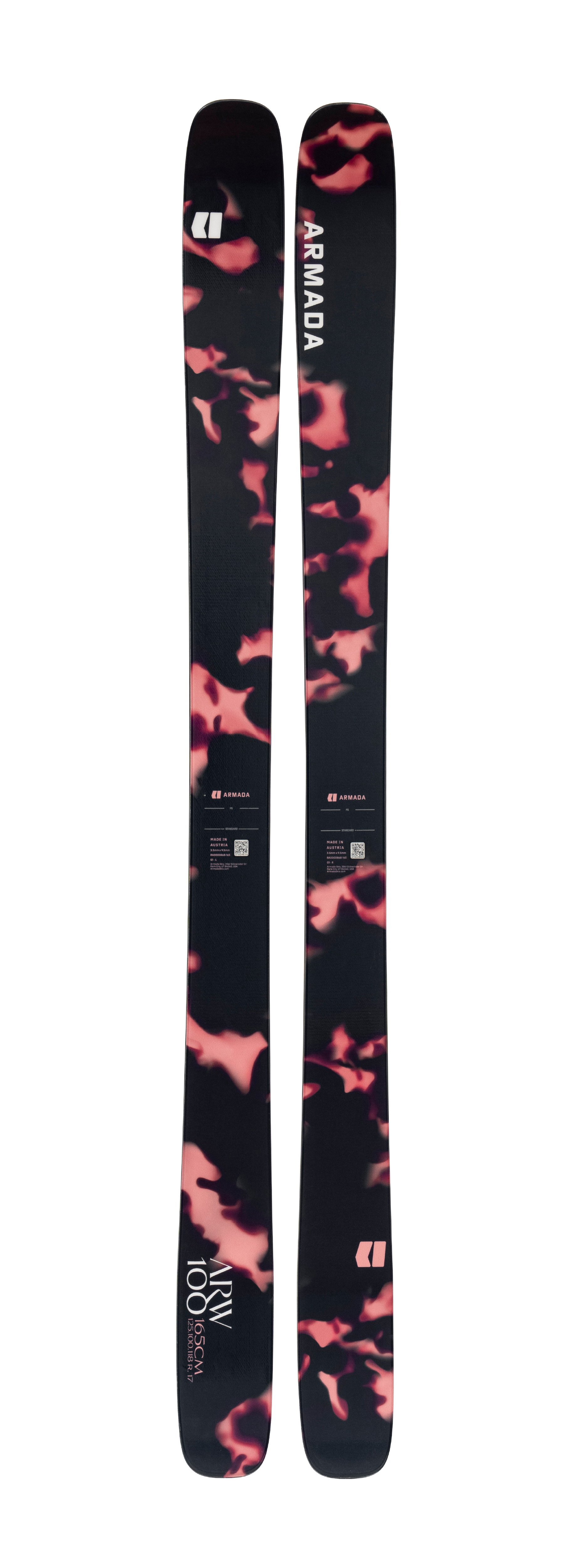 Armada ARW 100 women's skis, black with pink-red camo pattern, pair rear view