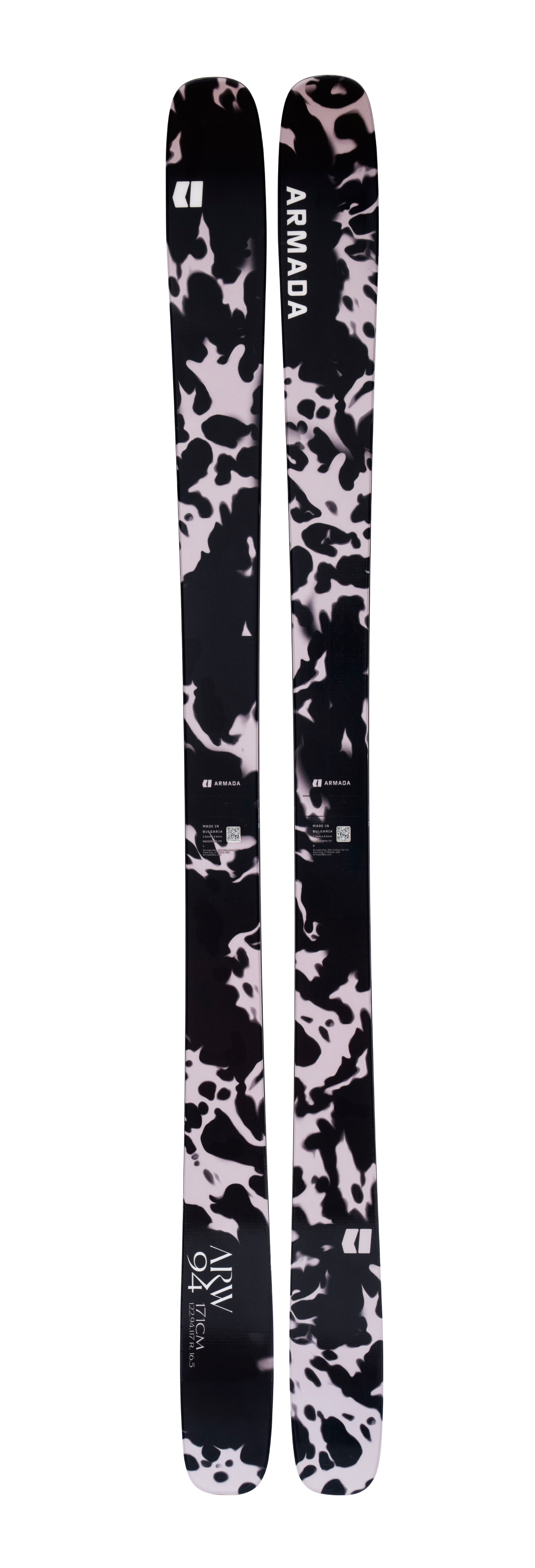Pair of women's skis in black and gray abstract camo, full length view