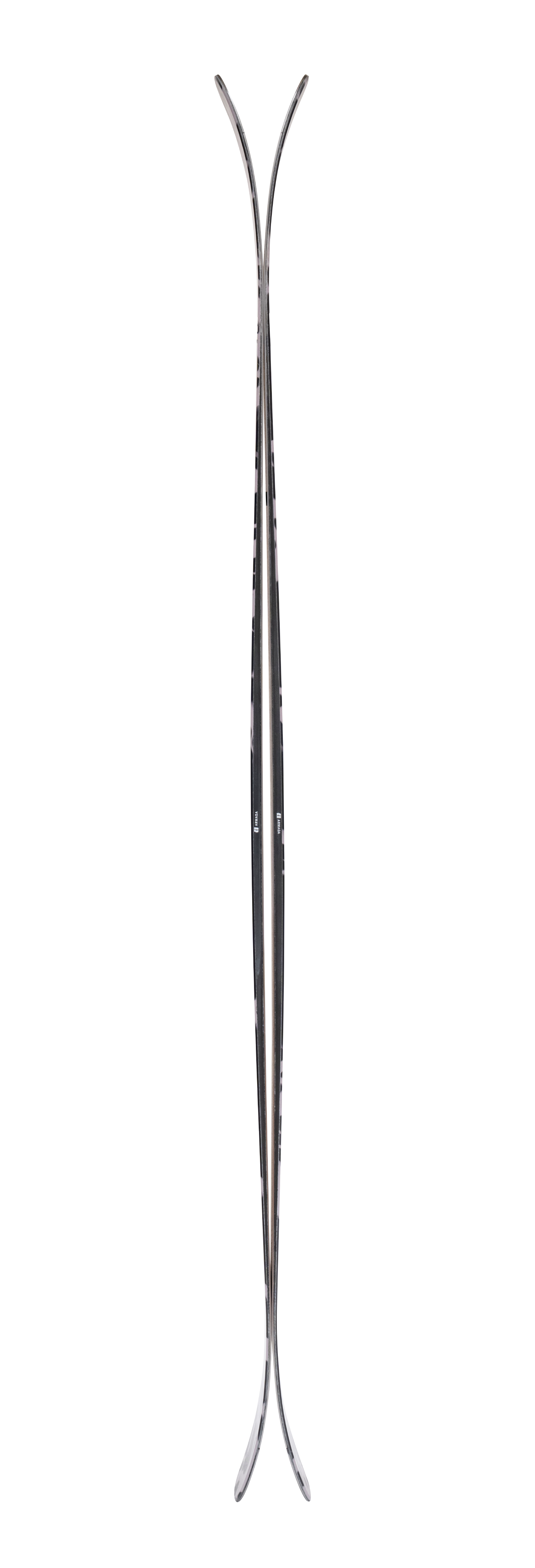 Women's all-mountain skis, black and gray camo pattern, pair shown vertically