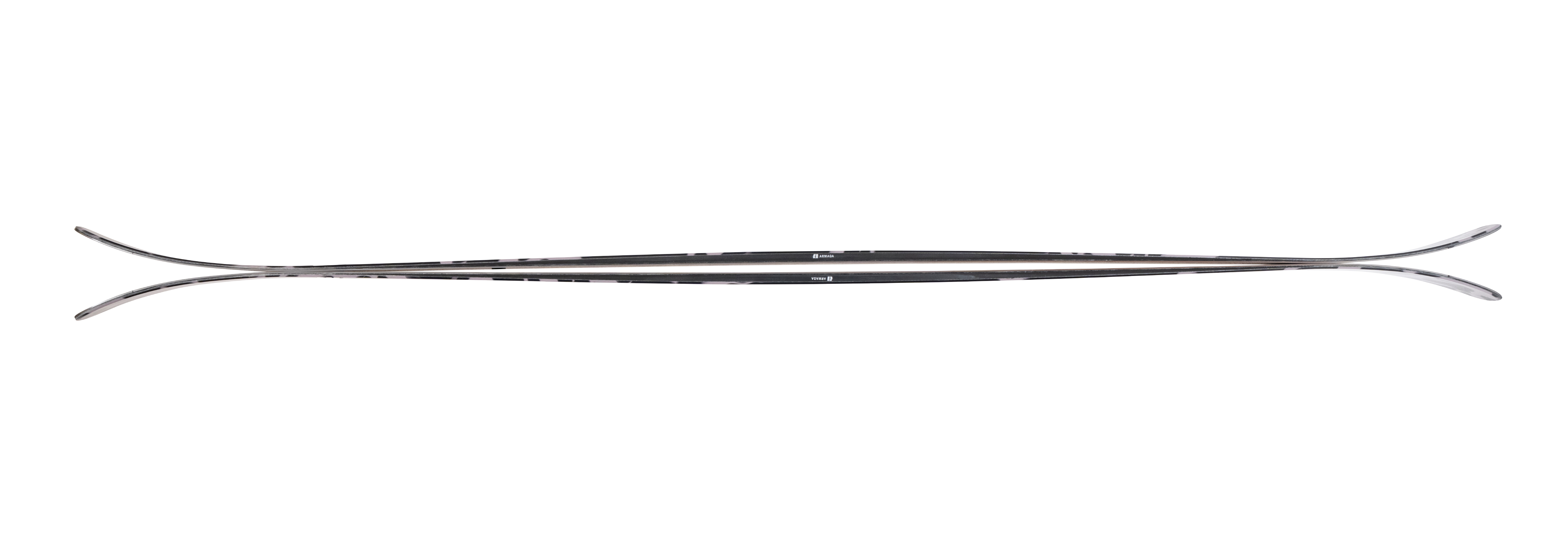 Women's skis, black and gray camo, long side view of two skis