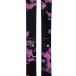 Pair of women's skis with purple and black camo pattern, front view