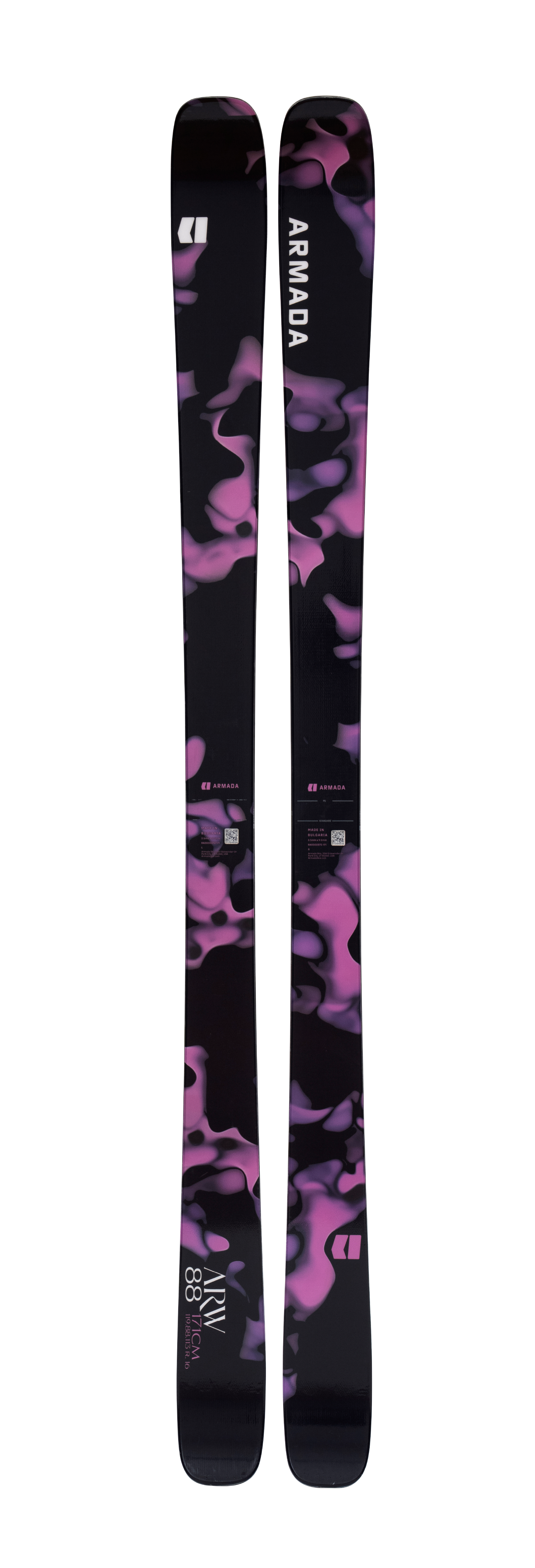 Pair of women's skis with purple and black camo pattern, front view