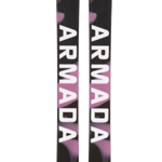 Pair of women's skis with Armada lettering and purple/black camo tops