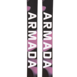 Pair of women's skis with Armada lettering and purple/black camo tops