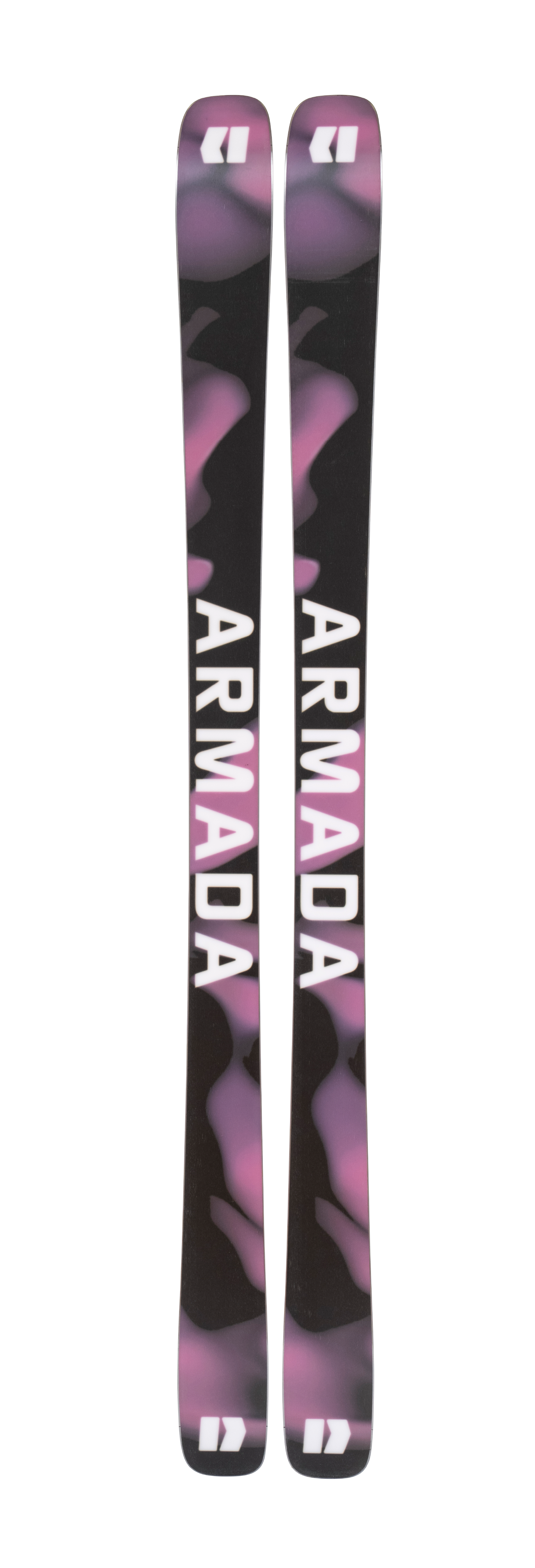 Pair of women's skis with Armada lettering and purple/black camo tops
