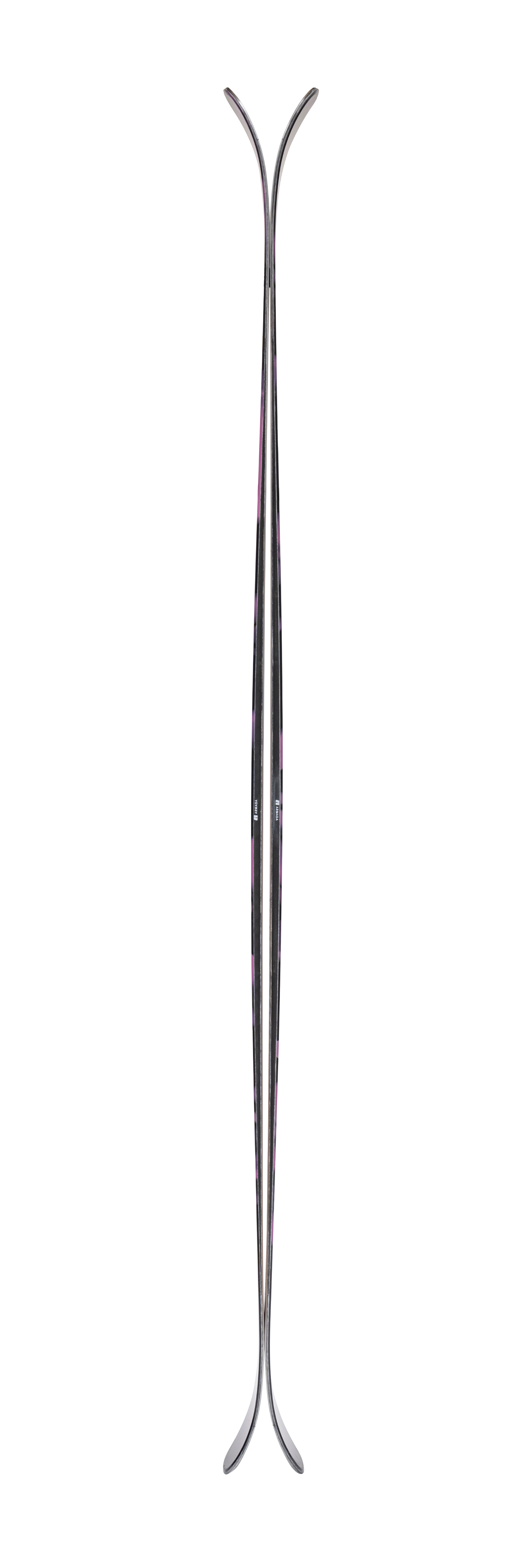 Women's ski by Armada with purple camo graphic and black tips, side view