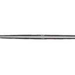 Women's skis laid flat, purple and black camo top sheet, slim side profile