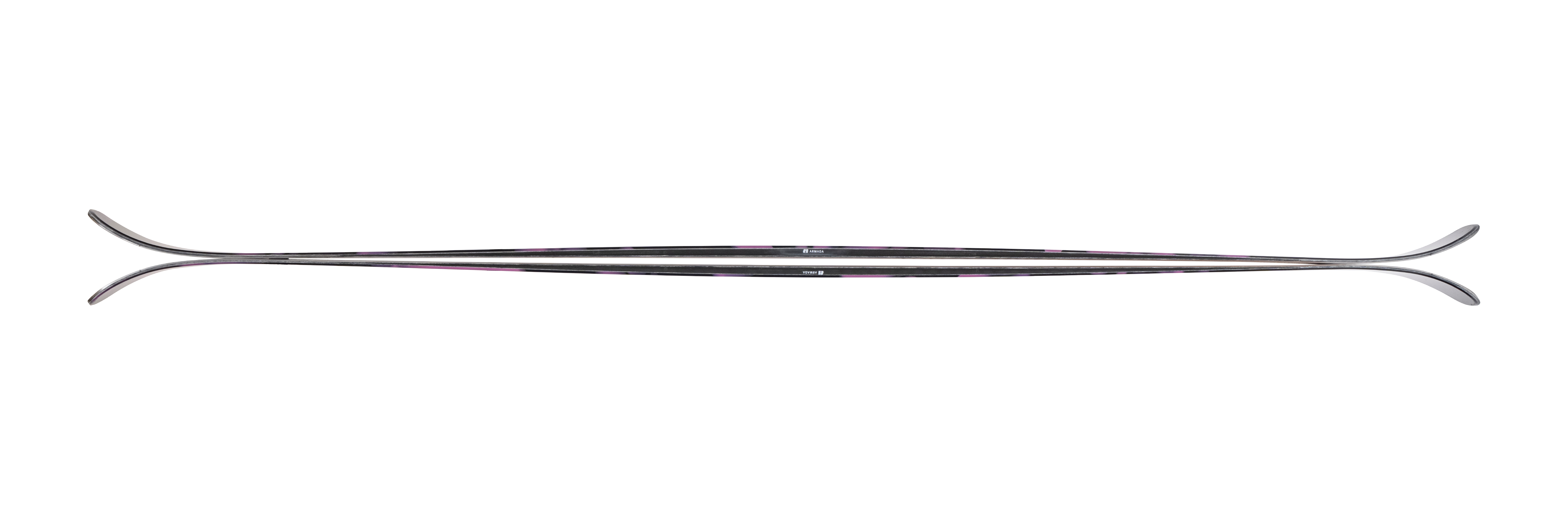 Women's skis laid flat, purple and black camo top sheet, slim side profile