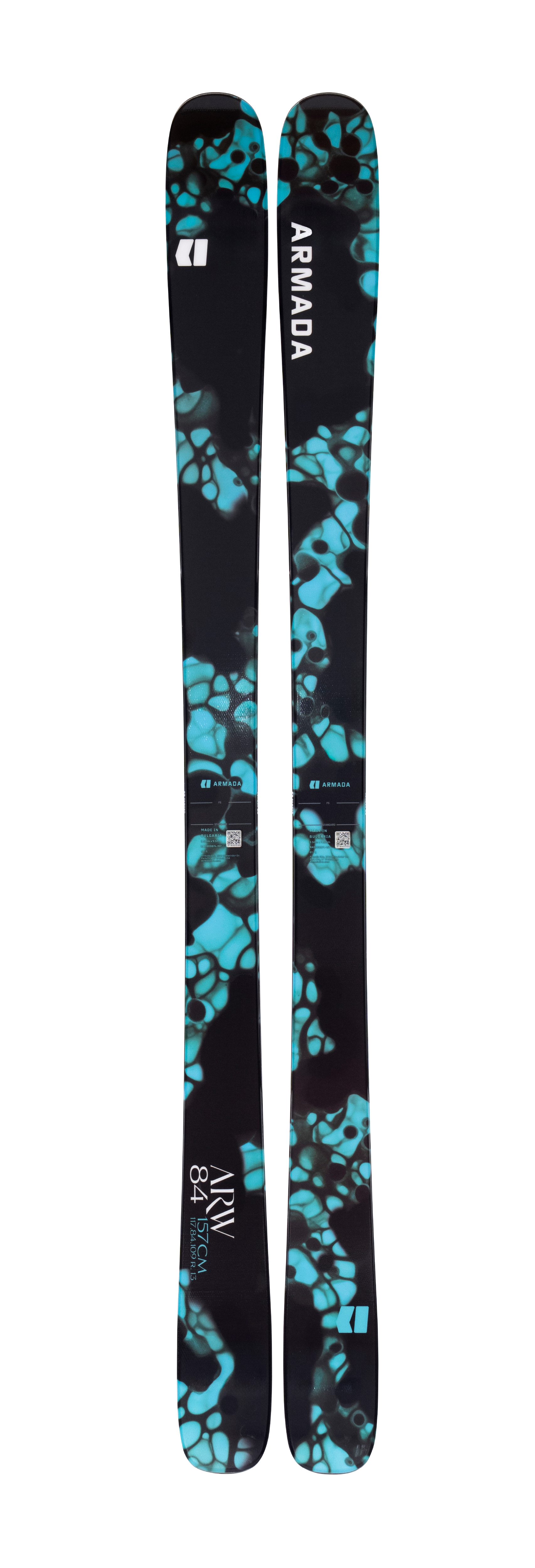Armada ARW 84 women's skis pair, black with teal splash pattern and Armada logo