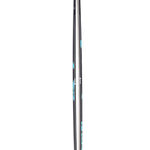 Women's skis side view, light base with black edges and teal graphic accents
