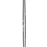 Women's skis side view, light base with black edges and teal graphic accents