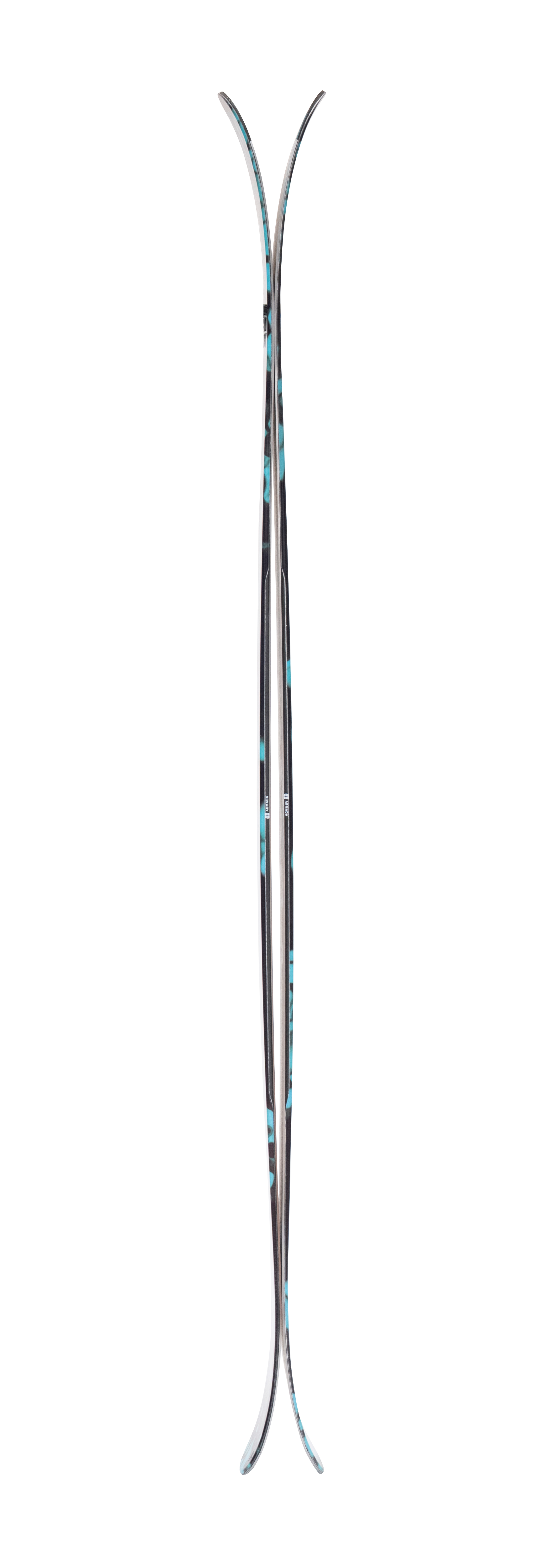 Women's skis side view, light base with black edges and teal graphic accents