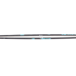 Women's skis, close-up side profile with black sides and teal graphic details