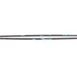 Women's skis, close-up side profile with black sides and teal graphic details