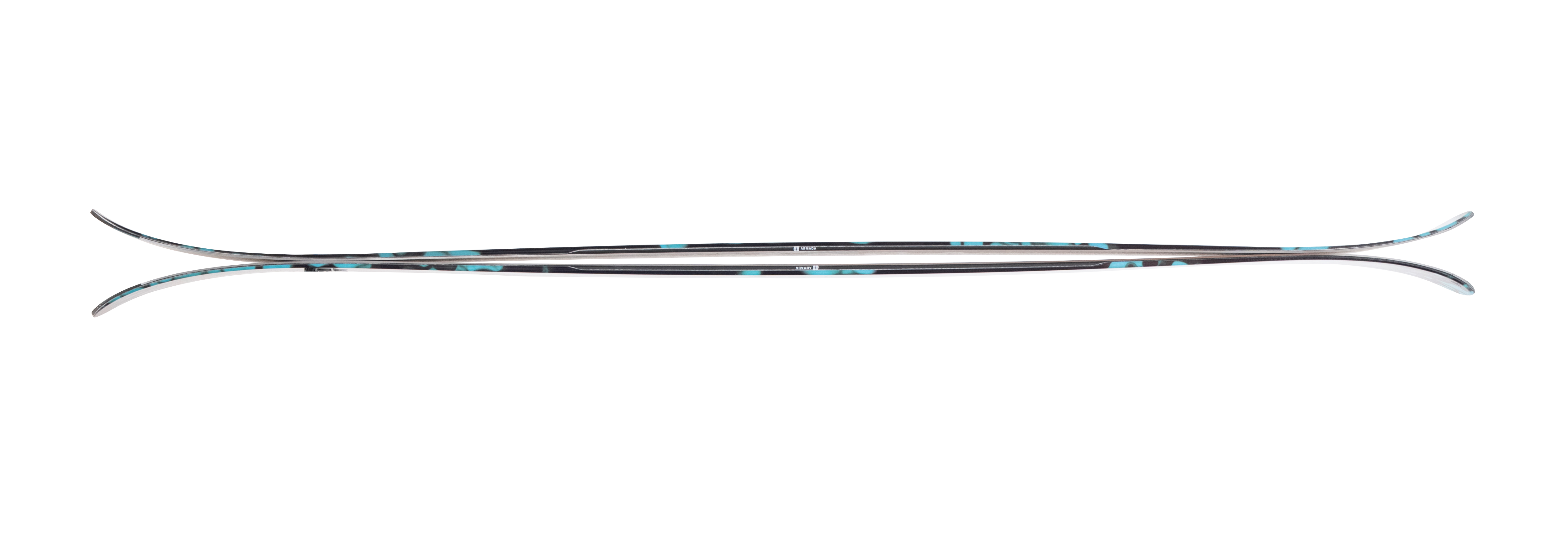 Women's skis, close-up side profile with black sides and teal graphic details