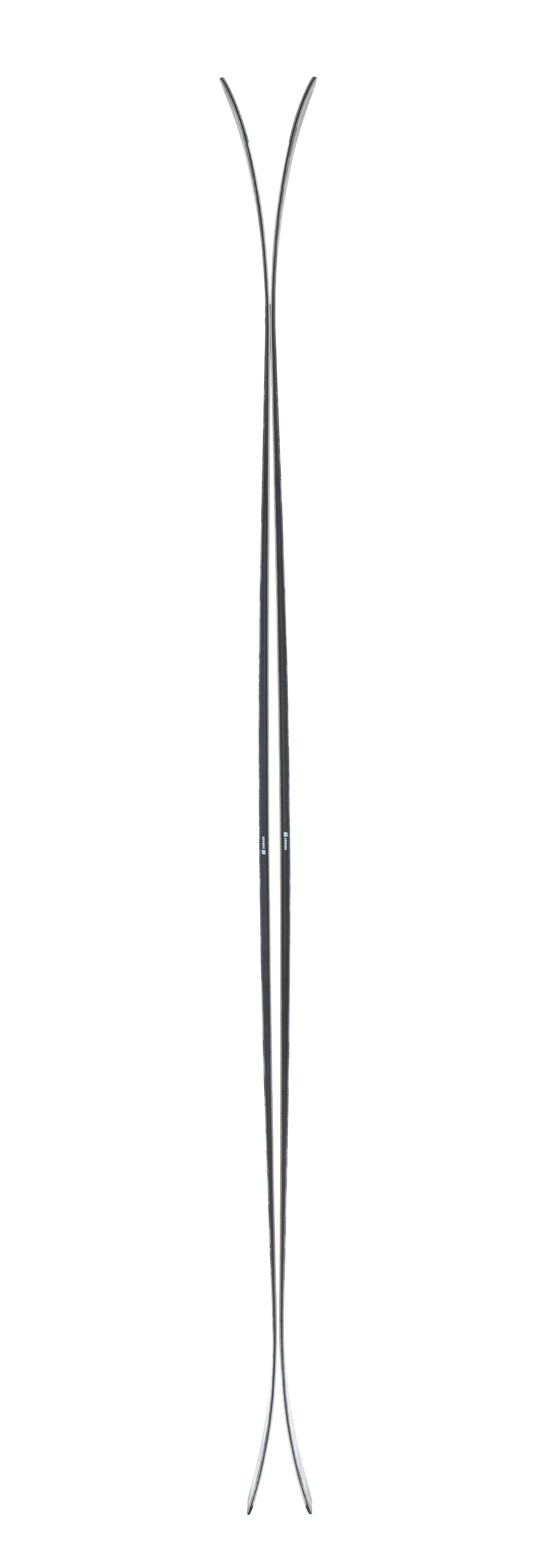 Ski pair side view with dark graphic finish and metal edges