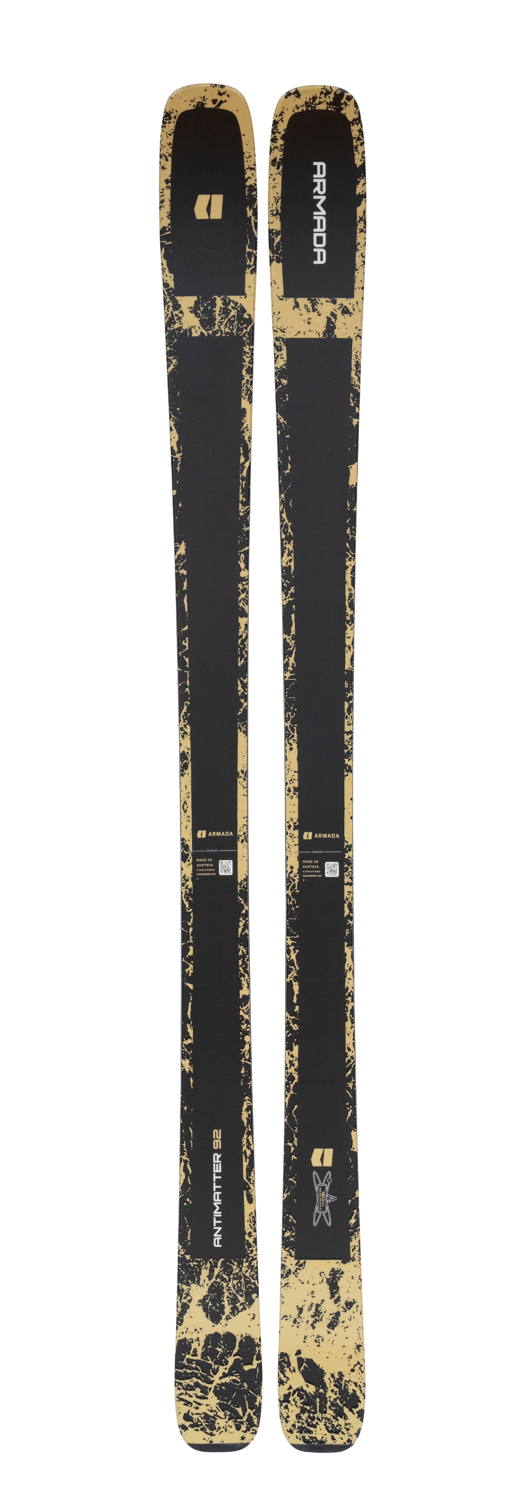 Armada AntiMatter 92 skis, black base with tan speckled camo, top and tip view