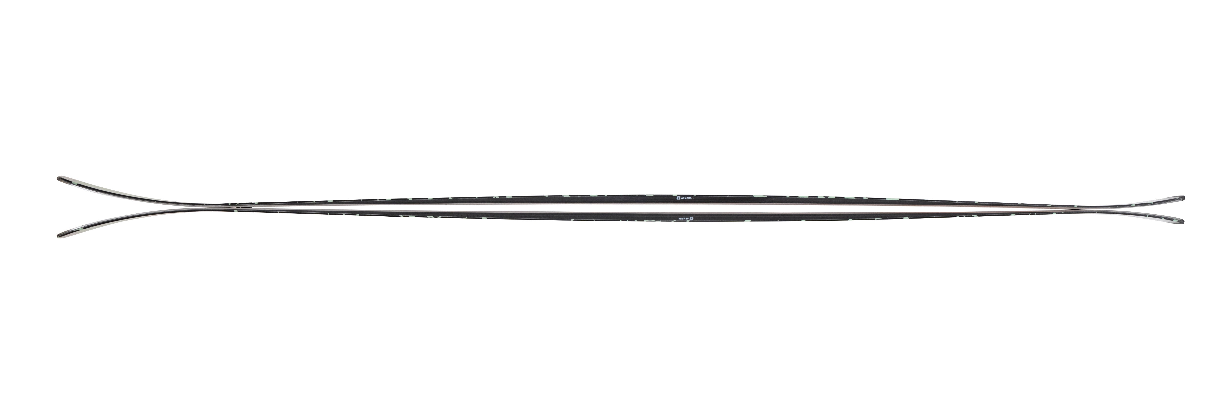 Women’s skis, horizontal close-up showing straight edges and pointed tips