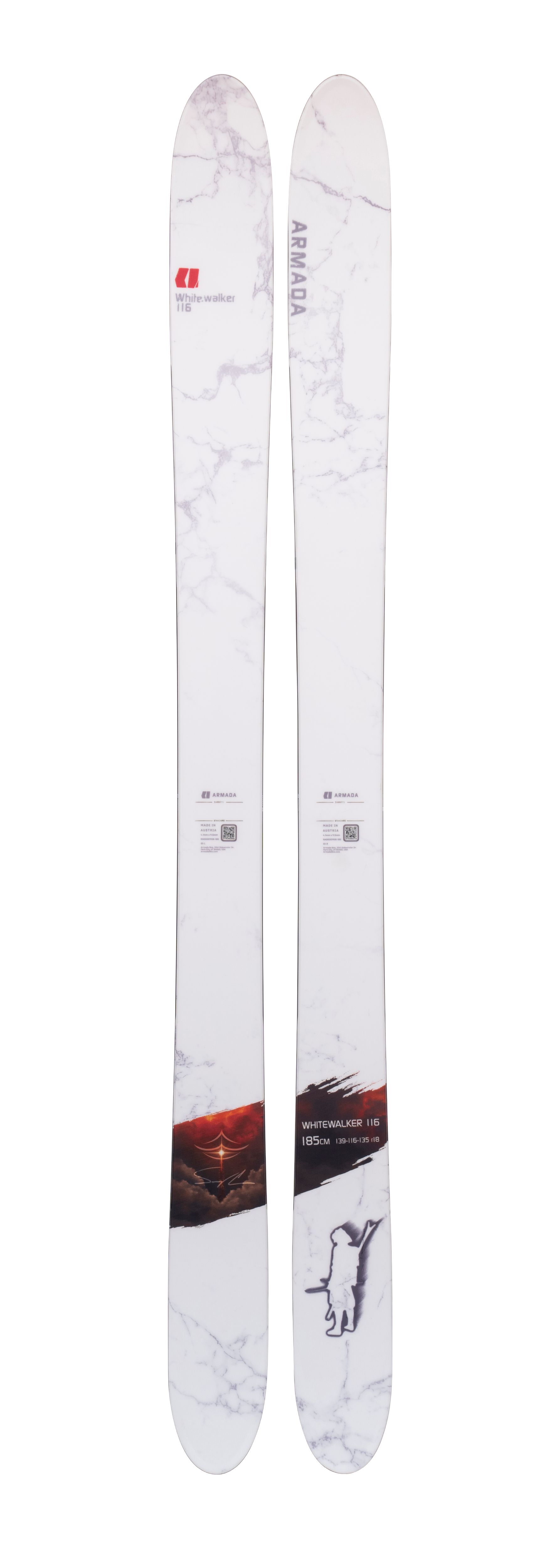 White Armada Whitewalker 116 skis, marbled graphics on two skis with branded side