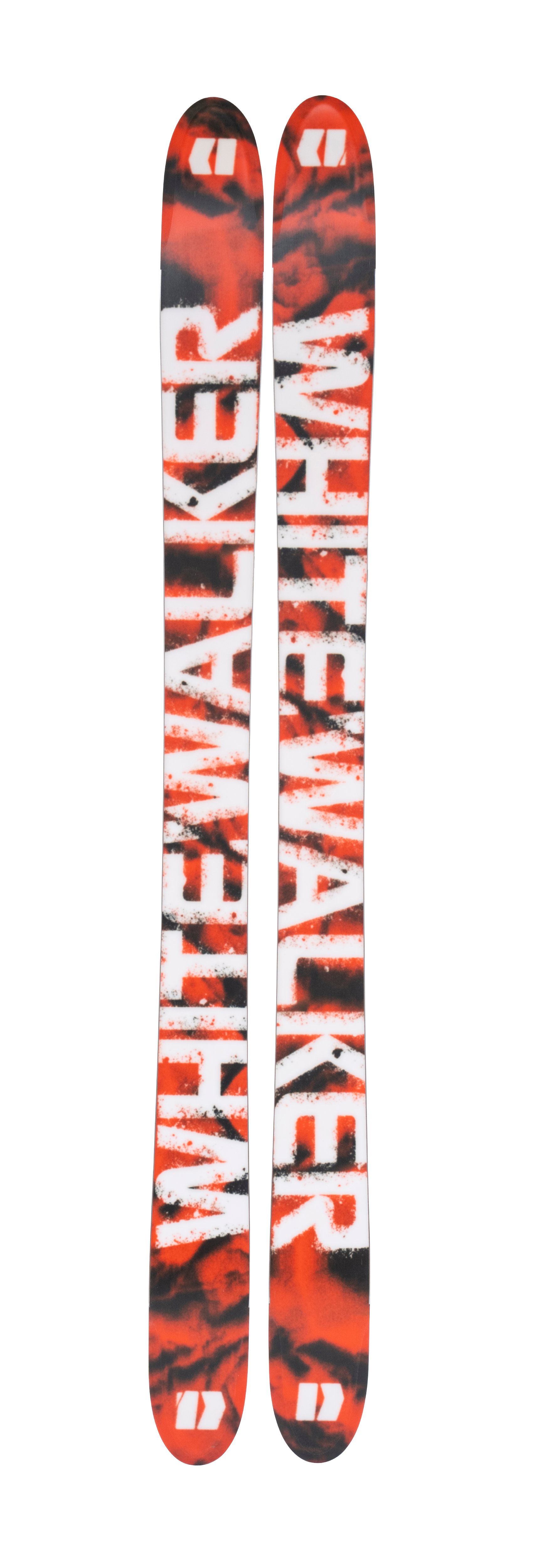 Orange and black Armada Whitewalker 116 skis, bold patterned tops with full-length design