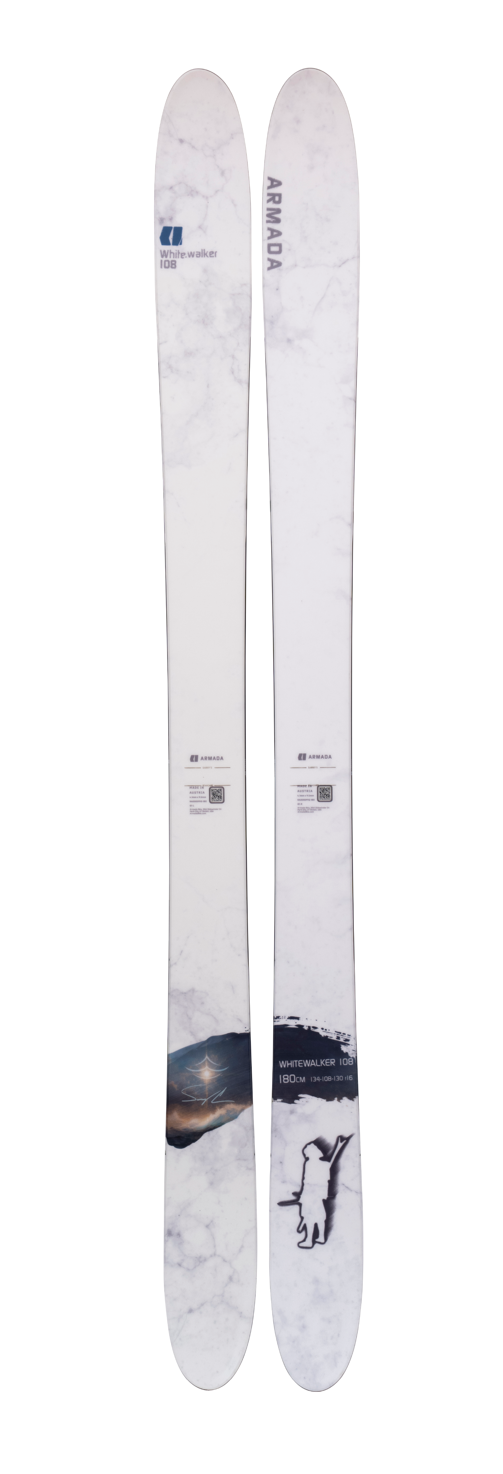Armada Whitewalker 108 skis, white with blue lower graphic, standing pair