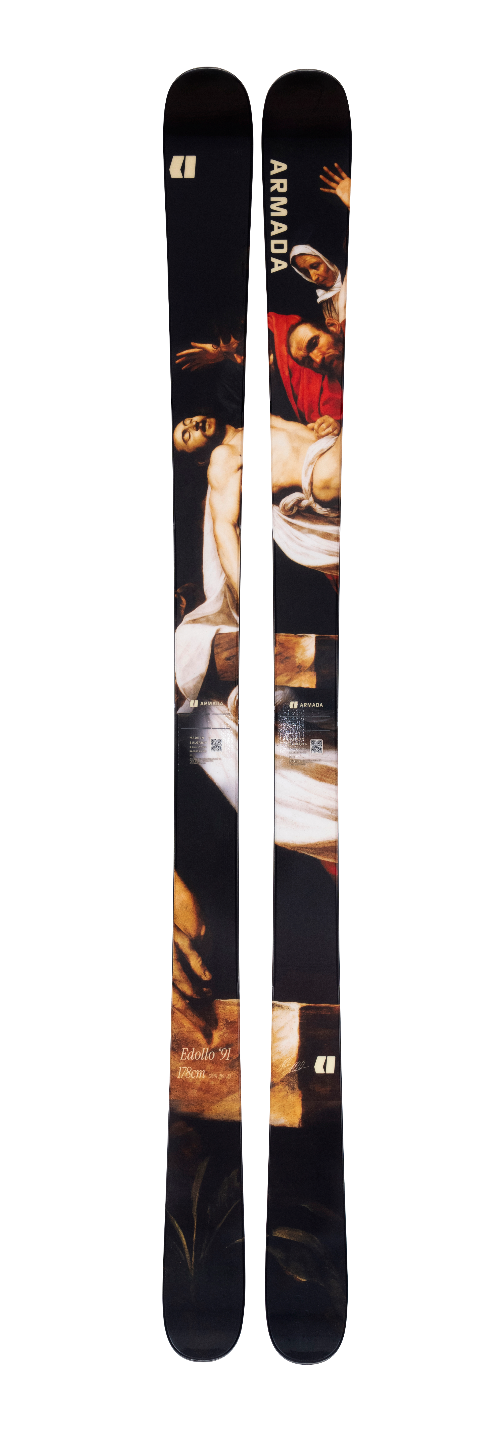 Pair of Armada skis with black bases and vertical fiery photo-style graphics
