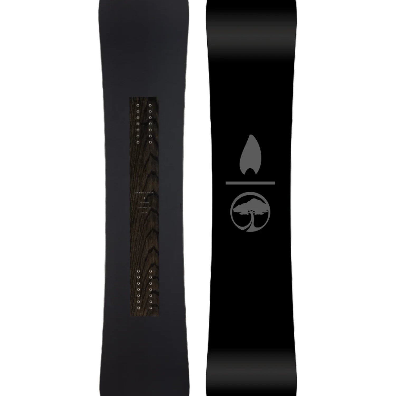 Arbor Candle Rain Snowboard 2025 - A black snowboard with a wood grain pattern on its top surface.