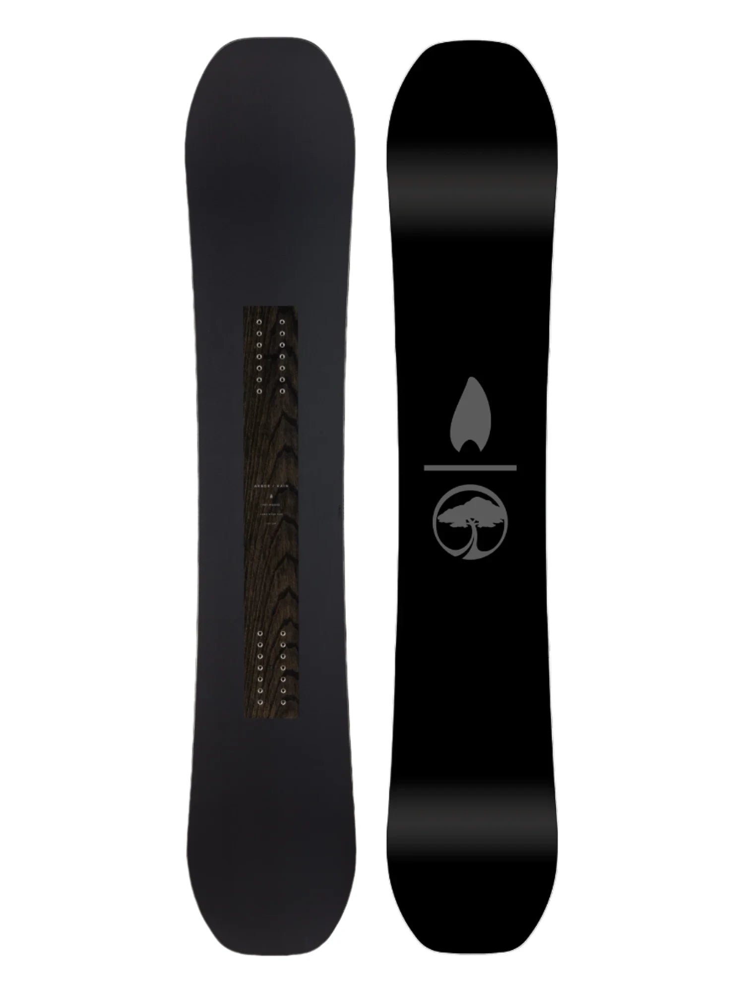 Arbor Candle Rain Snowboard 2025 - A black snowboard with a wood grain pattern on its top surface.