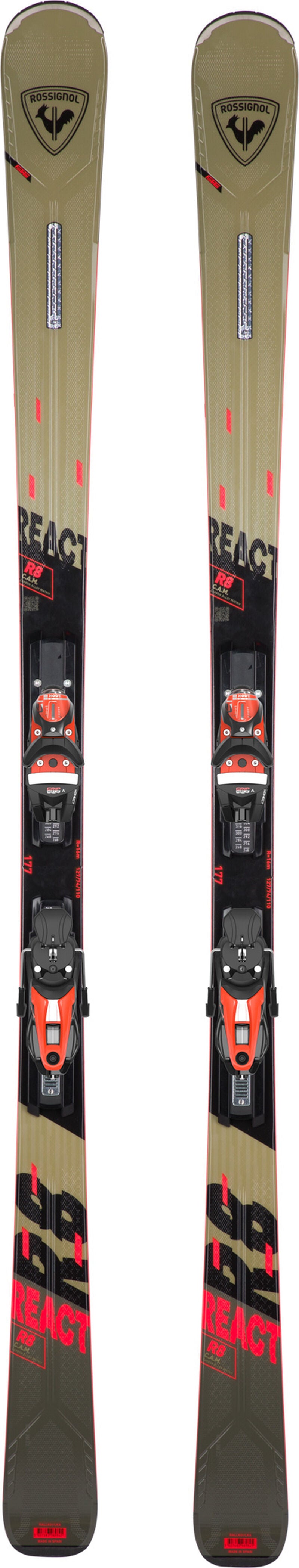 Rossignol React 8 C.A.M. Skis with Konect NX 12 Bindings 2024 - A pair of skis with a tan base and black text, featuring the Rossignol logo on top and "REACT" written in large letters along the side.