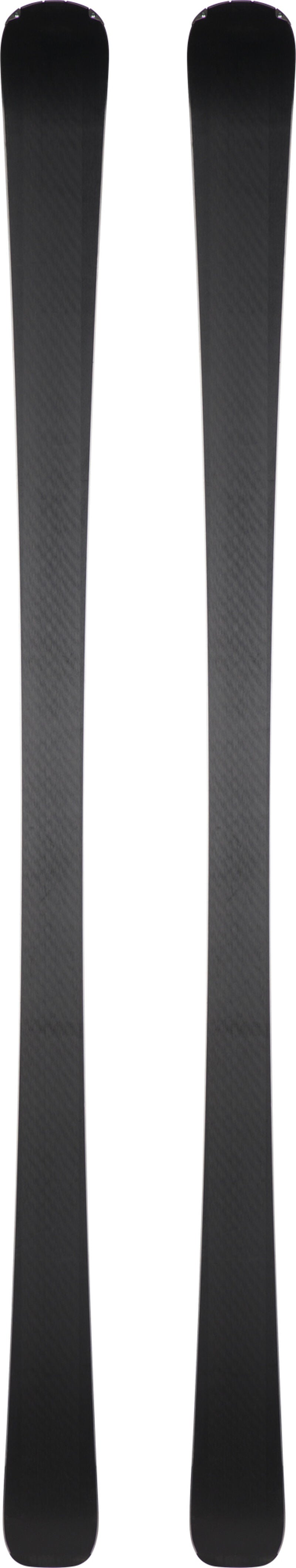 Rossignol React 8 C.A.M. Skis with Konect NX 12 Bindings 2024 - A pair of black skis with a subtle carbon fiber pattern on the top sheet, featuring silver bindings and a white Rossignol logo at the tip.