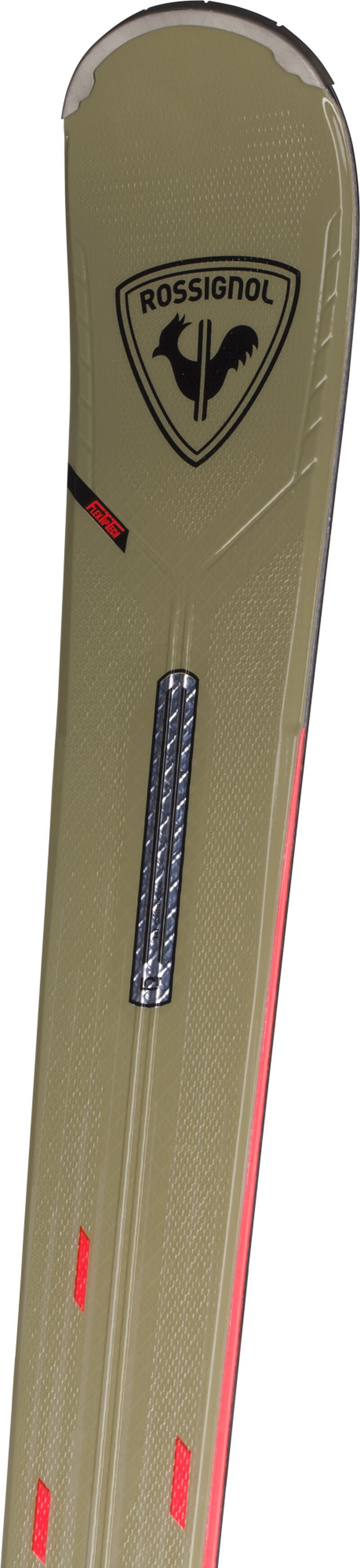 Rossignol React 8 C.A.M. Skis with Konect NX 12 Bindings 2024 - A pair of skis with a black rooster logo on the top and red text that reads "ROSSIGNOL" along the side.