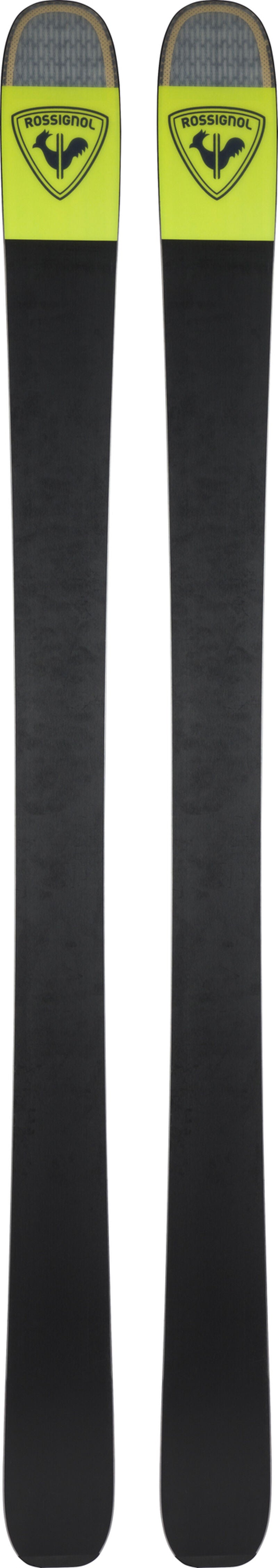 Rossignol Sender 104 Ti Skis with Konect NX 12 Bindings 2024 - A pair of skis with a black base and yellow accents, featuring the Rossignol logo.