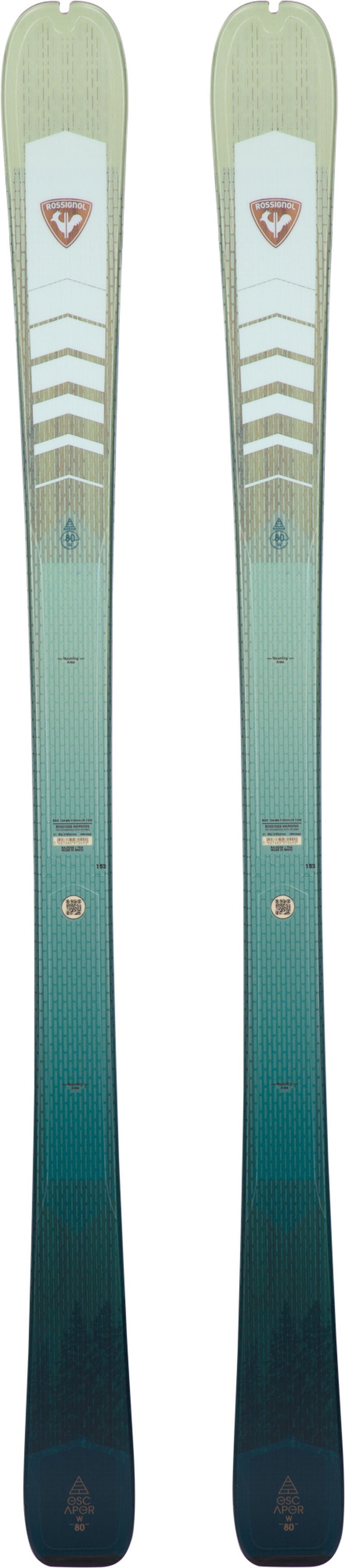 Rossignol Women's Escaper 80 Skis 2024 - A pair of skis with a light green top and dark blue bottom, featuring a distinctive white logo on the top portion.