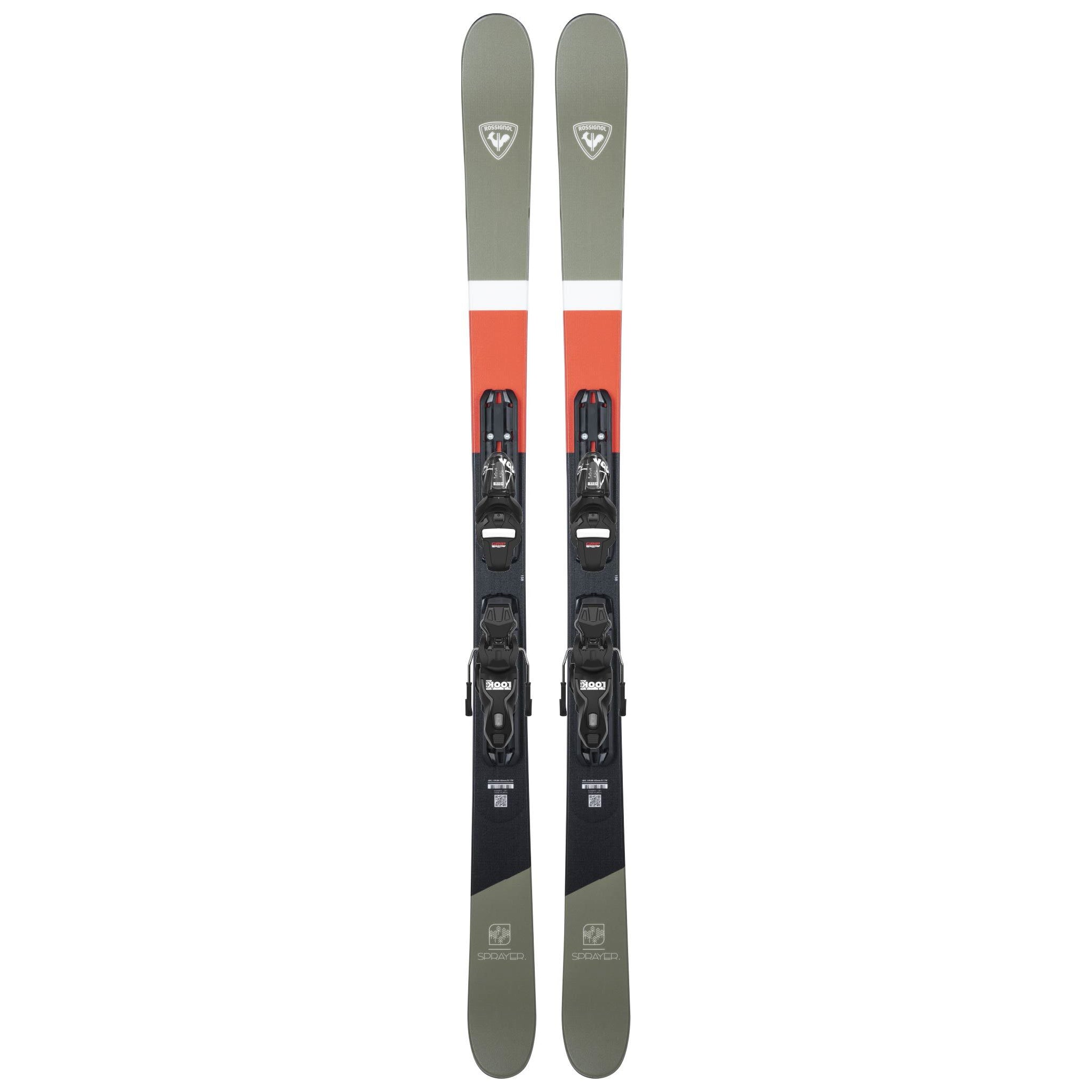 Rossignol Sprayer Skis with XP10 Bindings - A pair of skis with a white and black color scheme, featuring an orange stripe on top.