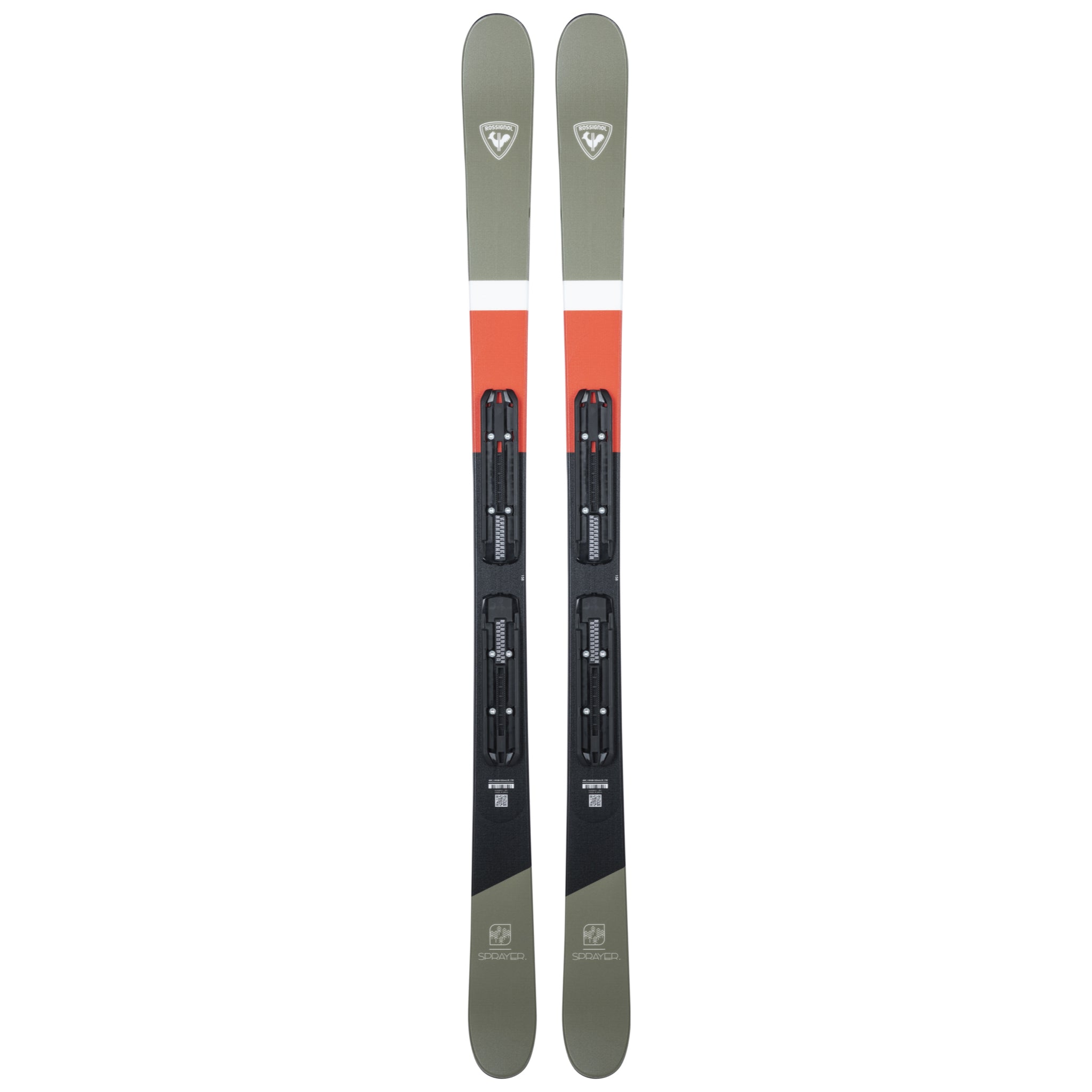 Rossignol Sprayer Skis with XP10 Bindings - A pair of skis with a black base and orange stripe near the tip, featuring white bindings.